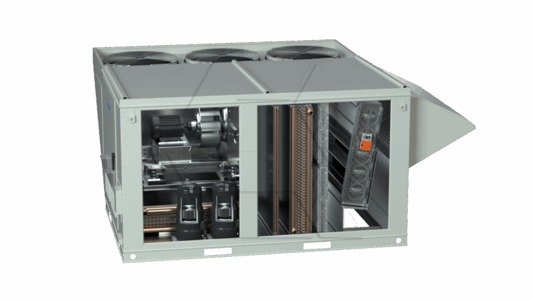 An industrial HVAC unit with an open panel reveals internal components, including compressors, copper coils, fans, and electrical wiring, all housed in a large rectangular metal casing.