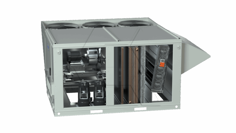 Industrial HVAC unit with an open panel showing internal components like compressors, coils, fans, and wiring. The exterior is metallic gray with three large fans on top and ventilation grill on the side.