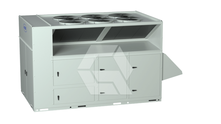 A large industrial HVAC unit with multiple fans on top, metal panel doors at the front, and a side panel open. The unit is light gray and appears to be designed for outdoor installation.