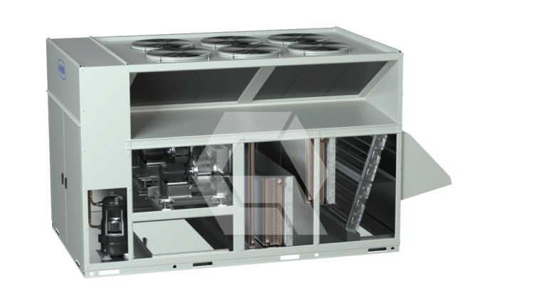 A large industrial HVAC unit with multiple fans on top, open panels revealing internal components such as coils, fans, and compressors, set against a plain white background.