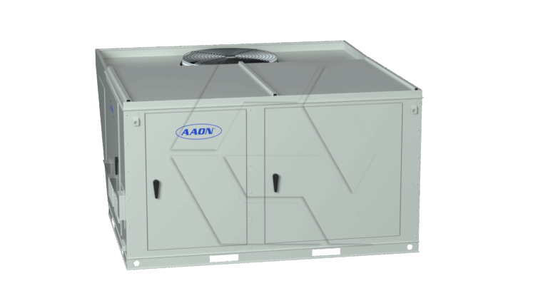 A large, rectangular, light gray HVAC rooftop unit with a visible fan on top and the AAON logo on the front panel, shown against a plain white background.
