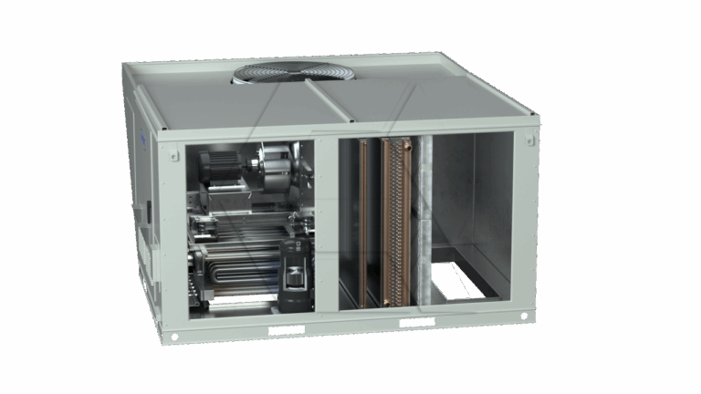 A large, rectangular HVAC unit is shown with a partially open side, revealing internal components such as coils, a fan, and mechanical parts. The unit sits on a plain, light background.