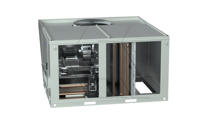A large, rectangular HVAC unit with an open side, revealing internal components such as coils, fans, and mechanical parts. The unit is light gray and sits on a plain, white background.