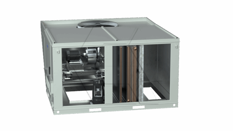 A large, rectangular industrial HVAC unit with one side panel removed, revealing internal components like a fan, motor, and coils. The unit is light gray and set against a plain white background.