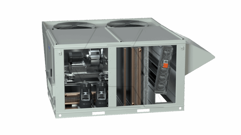 A large industrial HVAC rooftop unit with two fans on top, an open panel revealing internal components such as compressors, coils, and electrical parts, all housed in a metal rectangular casing.