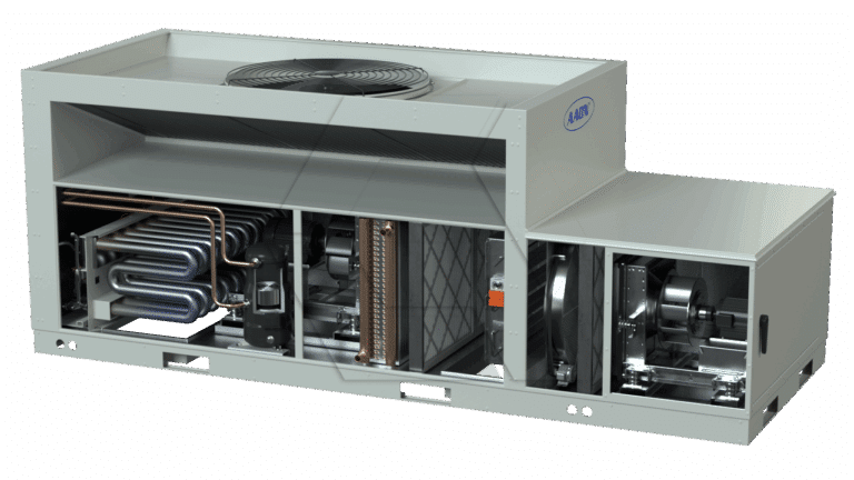 A large, gray rooftop HVAC unit with its side panel removed, revealing internal components like coils, filters, piping, and fans. The unit is rectangular and industrial in appearance.