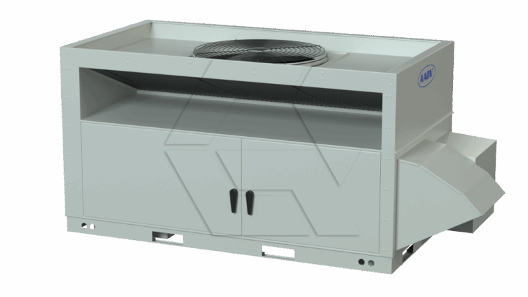 A large, rectangular industrial HVAC rooftop unit with a visible fan on top, intake vents, and access doors on the front, designed for commercial heating and cooling.