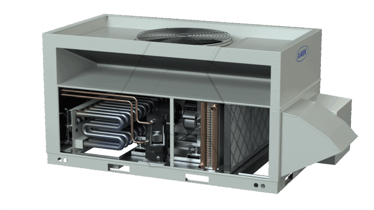 A large industrial HVAC unit with a visible fan on top, exposed internal coils, and various mechanical components, housed in a rectangular metal casing.
