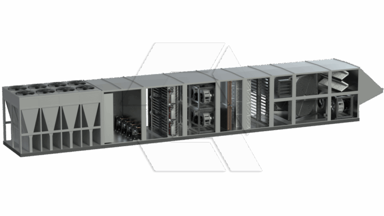 A cutaway view of a large industrial HVAC unit showing internal components such as fans, coils, filters, electrical panels, and ventilation sections, housed within a rectangular metal casing.