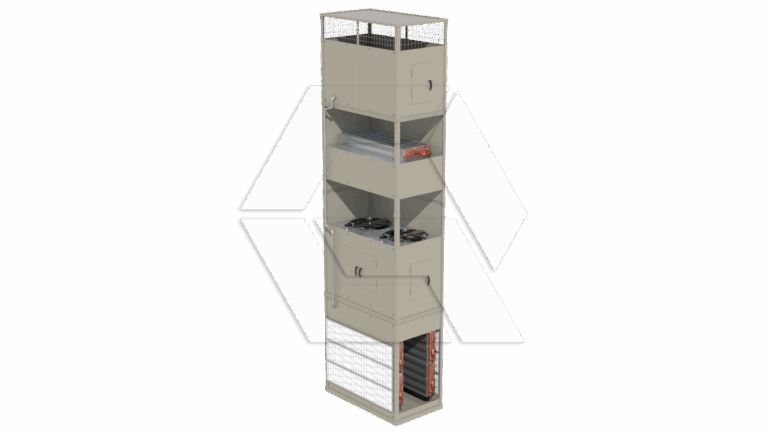 A tall, vertical industrial HVAC cabinet with multiple compartments, fans, filters, and mesh panels, designed for ventilation or air handling in commercial settings.