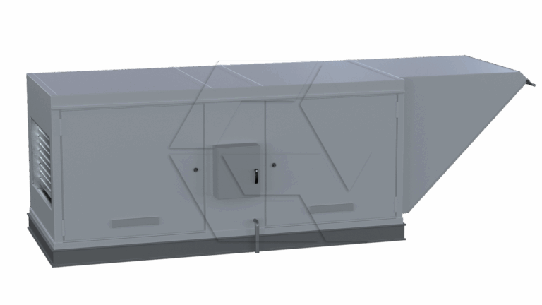A large, rectangular industrial HVAC unit from the Equipment Library - Air Units collection, featuring a vented panel on one side and a sloped duct attachment on the right, shown against a plain white background.