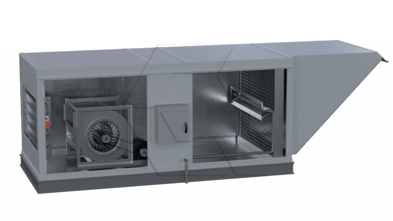 A large Equipment Library -Air Units HVAC system with its side panel removed reveals internal components like a fan, belts, and ductwork. The unit sits on a flat surface against a plain white background.
