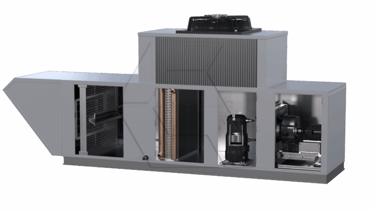 A gray industrial HVAC unit with its outer panels removed, revealing internal components such as coils, a compressor, and a blower fan, all arranged in separate compartments.