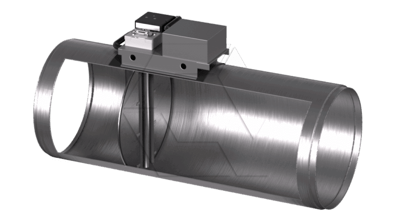 A metallic cylindrical duct with an electronic actuator mounted on top and an internal damper blade, used for regulating airflow in HVAC systems.