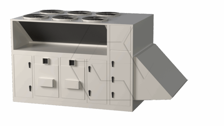 A large, industrial kitchen unit with six circular stove burners on top, multiple storage drawers and cabinets below, an open shelf, and a large angled side door or chute on the right side.