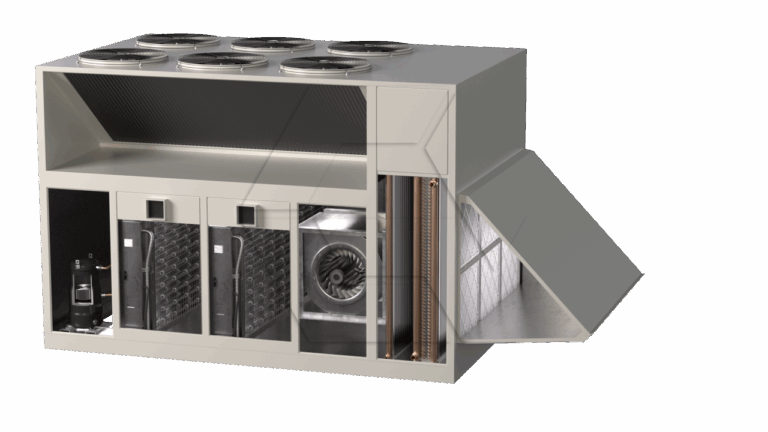 A large industrial HVAC unit with multiple fans on top, internal filters, coils, and compressor components visible; one panel is open, revealing air filters inside.