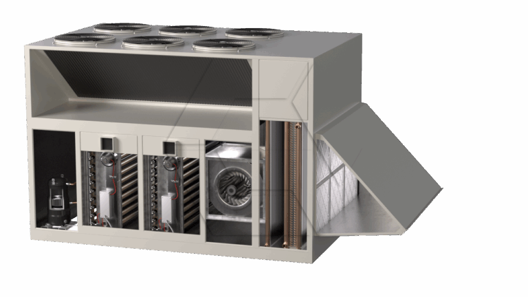 A large industrial HVAC unit with multiple cooling fans on top, visible internal components including coils, filters, and compressors, and an open panel revealing the air filter section.