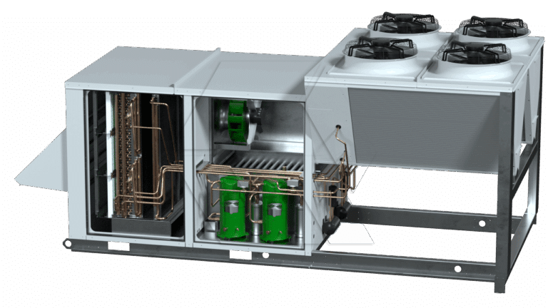 A cutaway view of an industrial HVAC unit shows internal components, including green compressors, copper piping, coils, and large fans on top of the unit. The exterior casing is partially removed to reveal the mechanical parts inside.