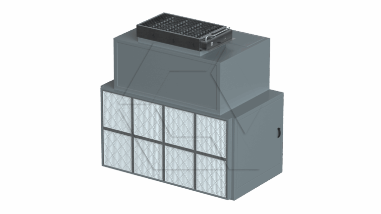 A large, rectangular Equipment Library -Air Units industrial air filtration unit with multiple grille-like filters on the front and a vented component on top, all housed in gray metal.