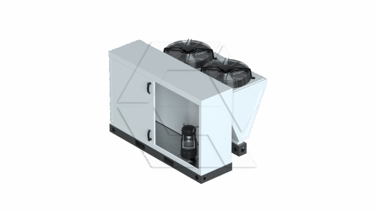 A white industrial refrigeration unit with two large black fans on top, metal housing, and a visible compressor inside, placed on a black base against a plain white background.