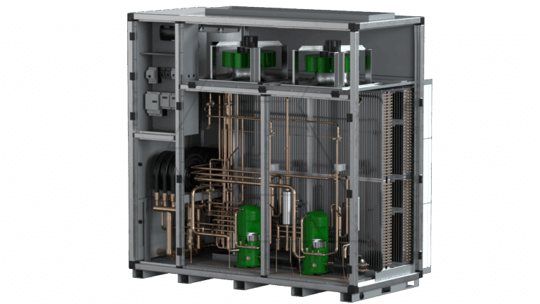 Cutaway view of an industrial unit from the Equipment Library -Air Units, showing green tanks, pipes, wiring, fans, and various metal components inside a rectangular metal enclosure with visible mechanical and electrical parts.