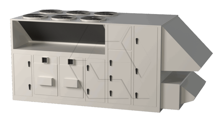 A large, rectangular industrial air handling unit with multiple vents on top, several compartments and doors on the front, and angled duct attachments on the side.