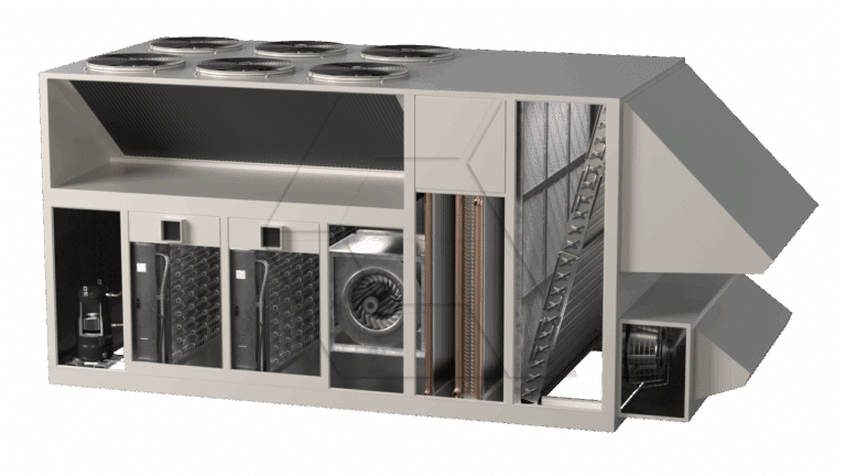 A digital rendering of a large industrial HVAC unit with its side panel removed, showing internal components like fans, filters, coils, compressors, and ducts. Multiple circular fans are visible on the top of the unit.