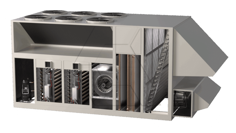 A cutaway view of a large industrial HVAC unit showing internal components, including fans, coils, filters, ducts, and mechanical parts, illustrating airflow and equipment layout inside the system.