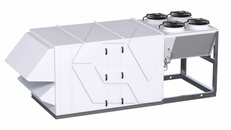 A large industrial HVAC unit with a white metal exterior, multiple access doors, angled vents on one side, and four circular fans mounted on a metal frame at the end.
