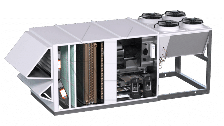 A commercial HVAC unit with its panels removed, showing internal components like fans, copper coils, filters, electrical wiring, compressors, and heat exchangers, designed for air conditioning and ventilation purposes.