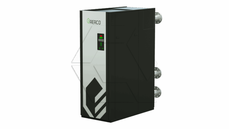A large black and white industrial boiler with a digital control panel, labeled "AERCO." Three pipe connections are visible on the right side of the unit.