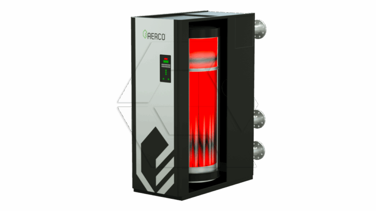 A black and white AERCO-branded industrial heater or boiler with a glowing red cylindrical core, three pipe connections on the right side, and a digital control panel on the front.