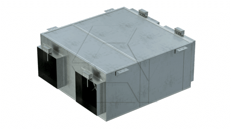A rectangular metallic ventilation or air duct unit with two openings on one side and latches on the top and sides, used in HVAC systems.