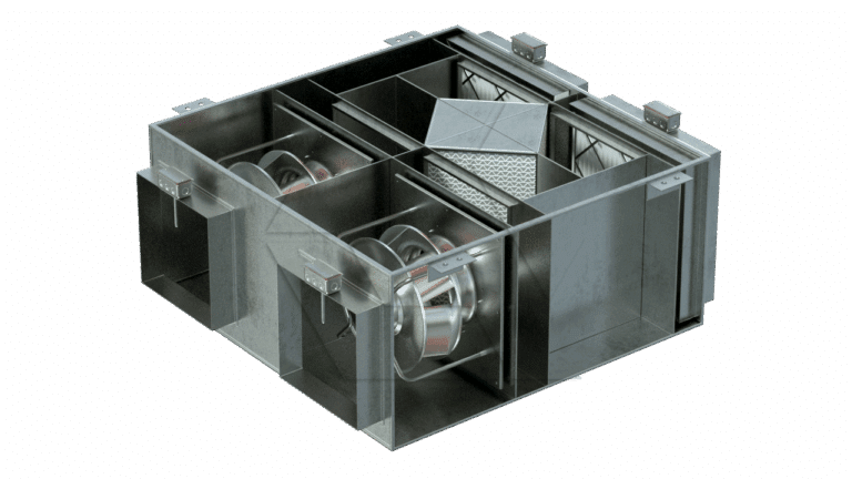 A metallic air handling unit with visible internal fans, ducts, and a filter, shown from an angled top view against a plain light background.