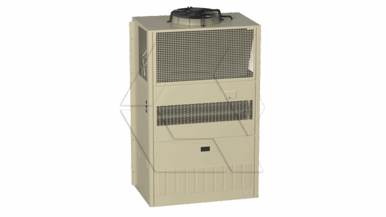A beige industrial air conditioning or HVAC unit with vented panels, a fan on top, and a rectangular shape, standing upright on a white background.