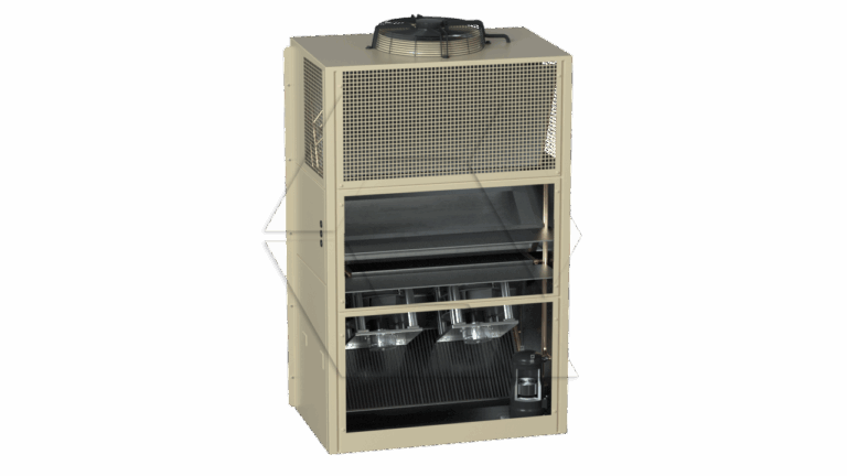A beige industrial air conditioning unit with a top-mounted fan and open front panel, revealing internal components like fans and metal coils.