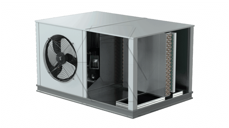 A 3D-rendered image of an industrial HVAC unit with a visible fan, internal components, and exposed coils on a white background. The front and side panels are partially open to reveal the interior.