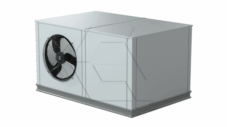 A large, rectangular, gray HVAC unit with a black circular fan on one side, set against a plain white background.
