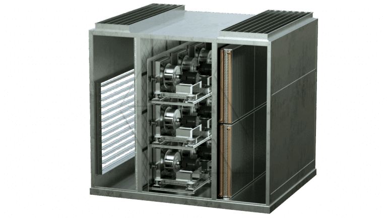 A metallic HVAC unit from the Equipment Library - Air Units collection, featuring an open side that reveals internal components like multiple fans, coils, and airflow distribution slats. The box-shaped structure boasts a modern industrial design.