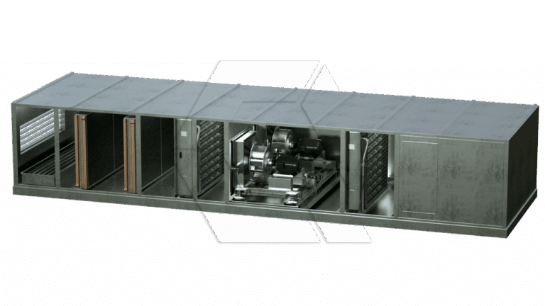 A large, rectangular industrial HVAC unit from the Equipment Library - Air Units, featuring several open sections that reveal internal components like filters, coils, fans, and electrical parts within a metallic casing.