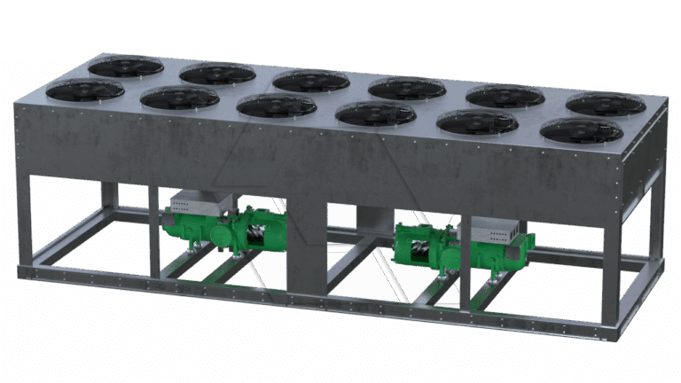 Rectangular industrial chiller unit with eight large black fans on top and two green compressor components visible inside a metal frame, set against a plain white background.