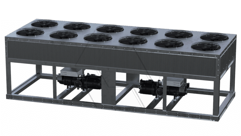 A large industrial cooling unit with twelve black fans on the top surface, housed in a rectangular metal frame, with visible motors and piping underneath.