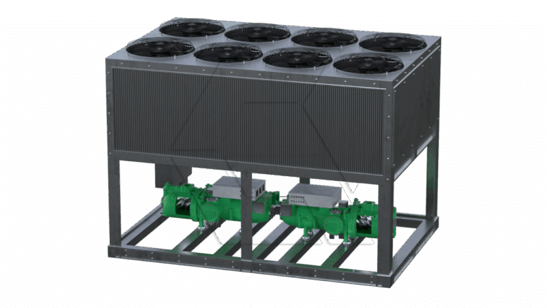 Large industrial cooling unit with eight black fans on top and green machinery components mounted on a metal frame beneath the main structure, designed for refrigeration or HVAC applications.