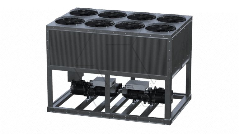 A large industrial air-cooled chiller unit with eight black fans on top, metal grilles on the sides, and compressors and other components visible at the bottom.