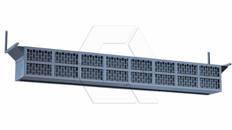 A rectangular industrial air diffuser with a grid-like vent pattern, used for ventilation systems, mounted on a horizontal surface with side brackets.
