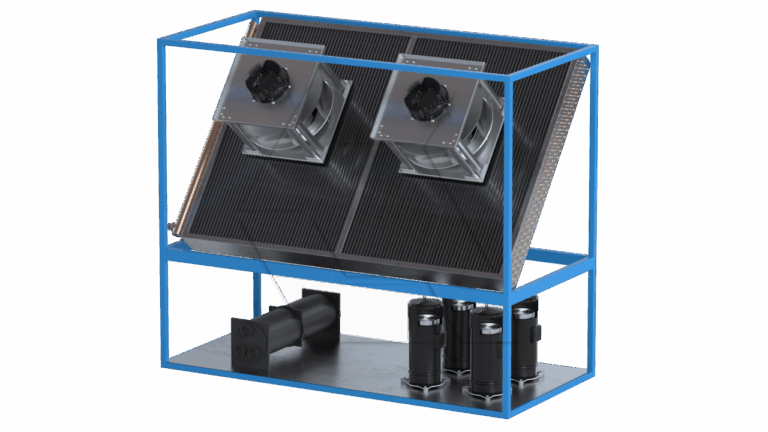 A blue metal frame holds two large angled solar panels with dual cooling fans attached, and several cylindrical components are positioned on the base shelf below.