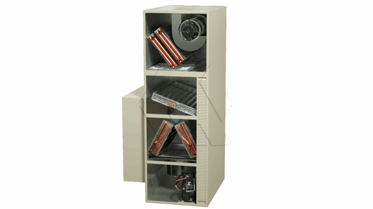 A cutaway view of an HVAC furnace unit showing internal components including a fan, copper coils, filters, and internal compartments.