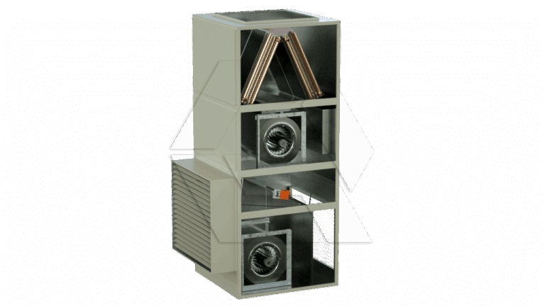 A vertical HVAC air handling unit with visible internal components, including coils, fans, and ducts, shown against a plain white background.