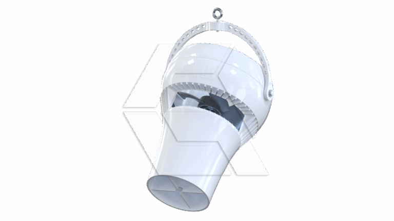 A white, cylindrical mechanical device with a curved handle on top, exposed internal gears, and a circular opening at the bottom, resembling a marine or industrial turbine component.