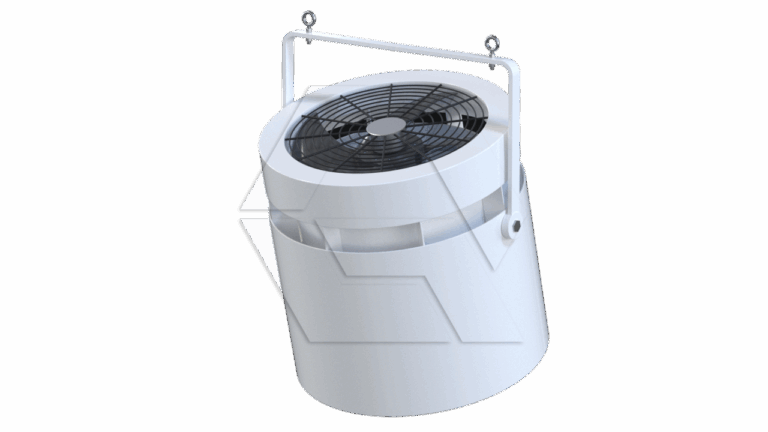 A white ceiling fan with a cylindrical housing, protective grill, and mounting bracket is displayed against a plain background. The fan is designed for industrial or commercial use.
